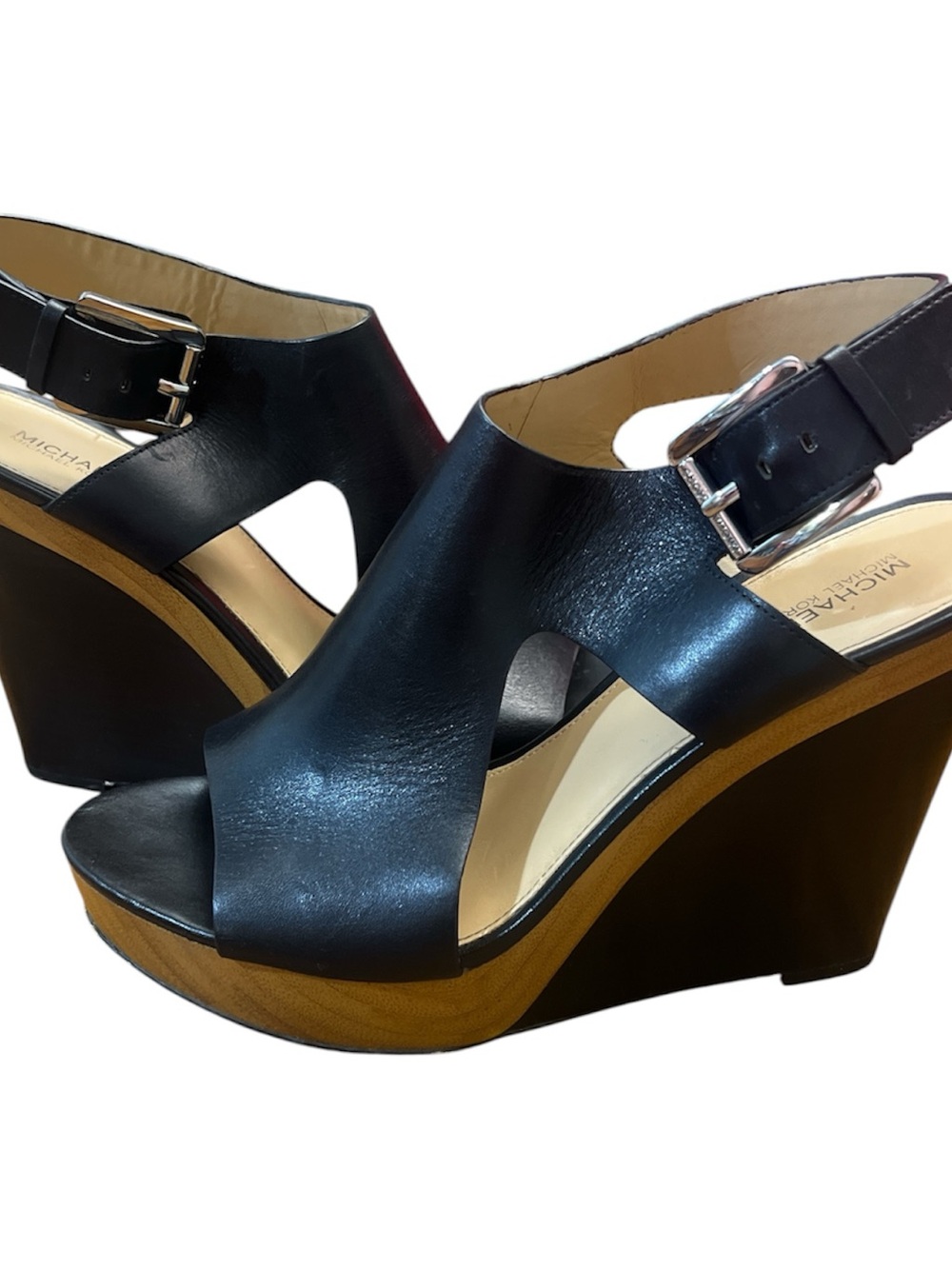 Michael Kors Josephine Black Leather Platform Wedge Sandals size 10